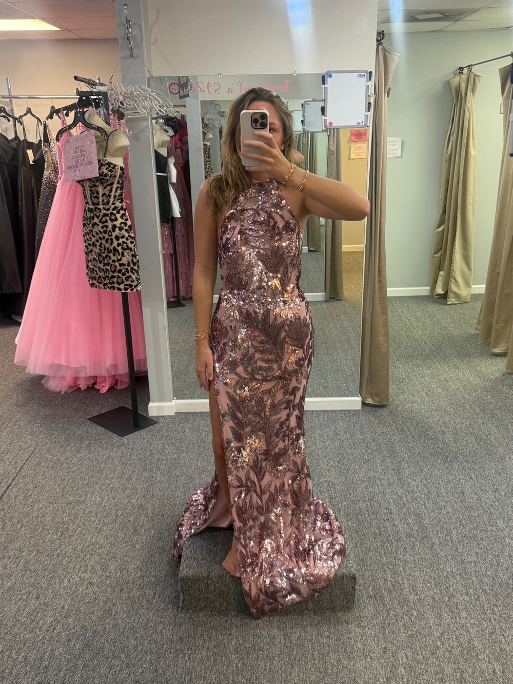 Blush Pink Sequin Embellished Prom Dress with Side Slit